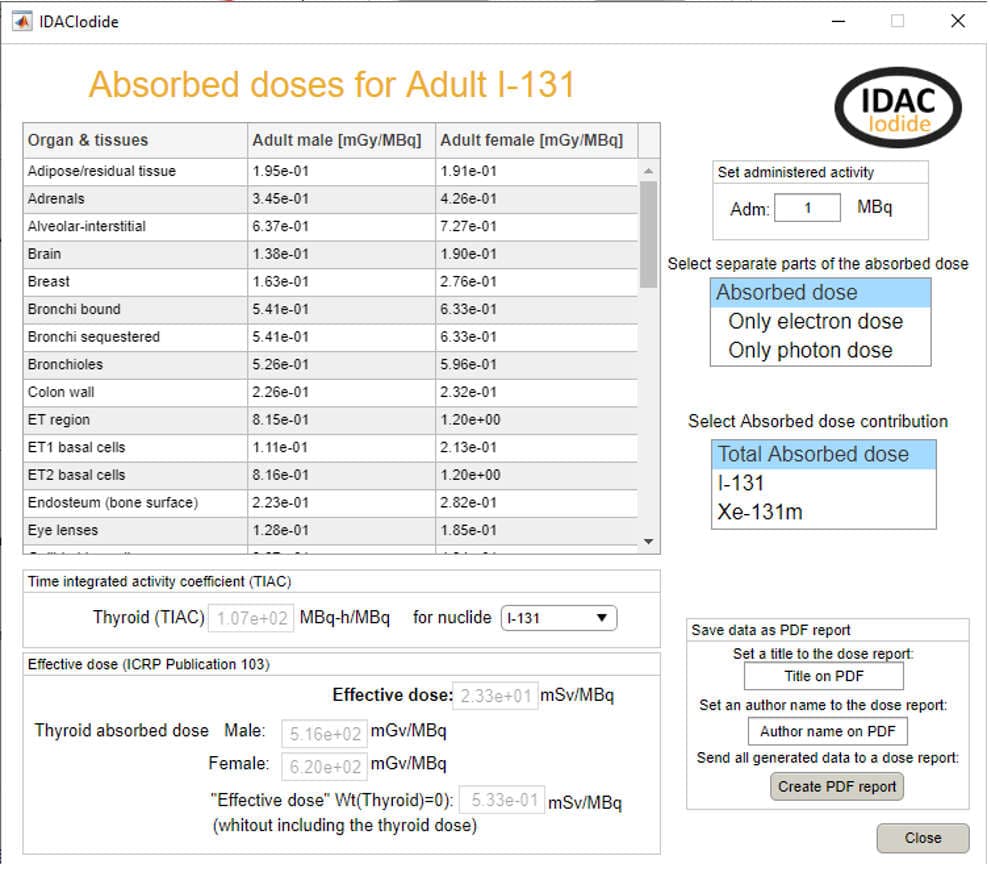 The graphical interface for the output of the calculations. It includes absorbed dose to organs and tissues, the effective dose, and the thyroid time-integrated activity of the fit described in the input image.